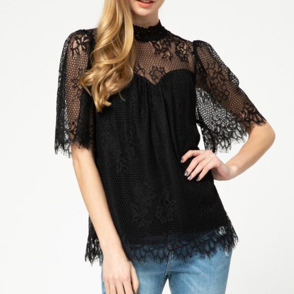 Entro Black High Neck Crochet Lace Top - Picture 8 of 14